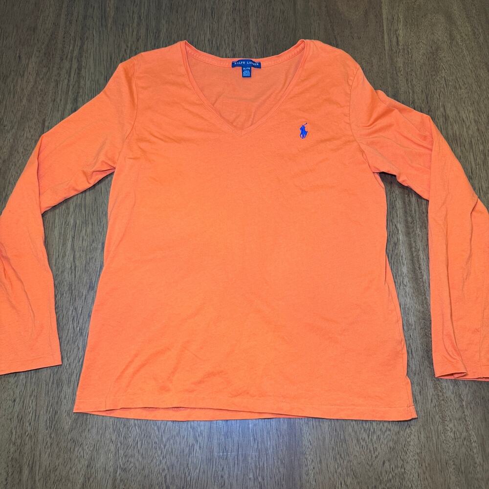 Ralph Lauren Womens XL Orange Long Sleeve V Neck Tee Blue Pony 100% Cotton